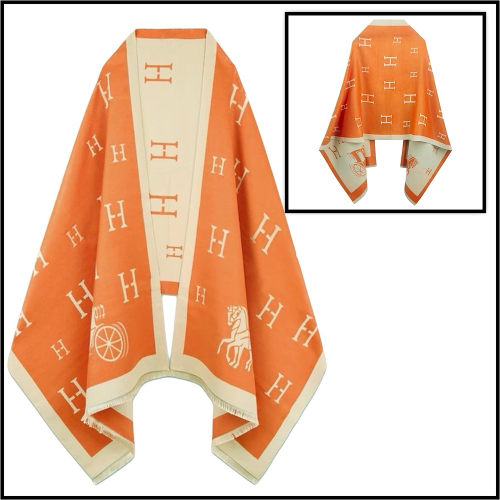 #04 Anthro Kerri Horse Poncho Scarf  Orange & Cream